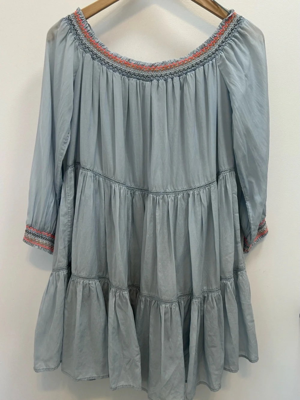 Free people sunbeam dress with off the shoulder smocked neckline & embroidered S